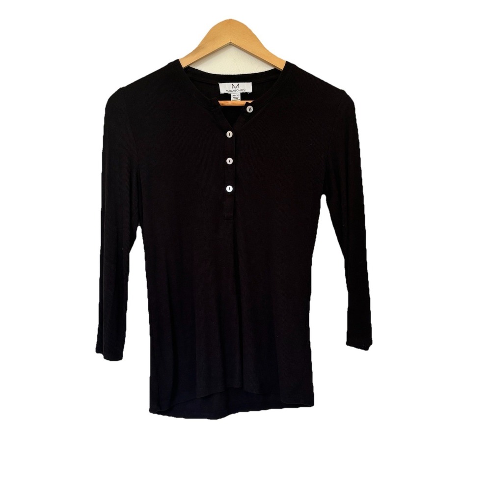 Magaschoni Ribbed Henley Top 3/4 Length Sleeves Black Women's Size XS Stretch